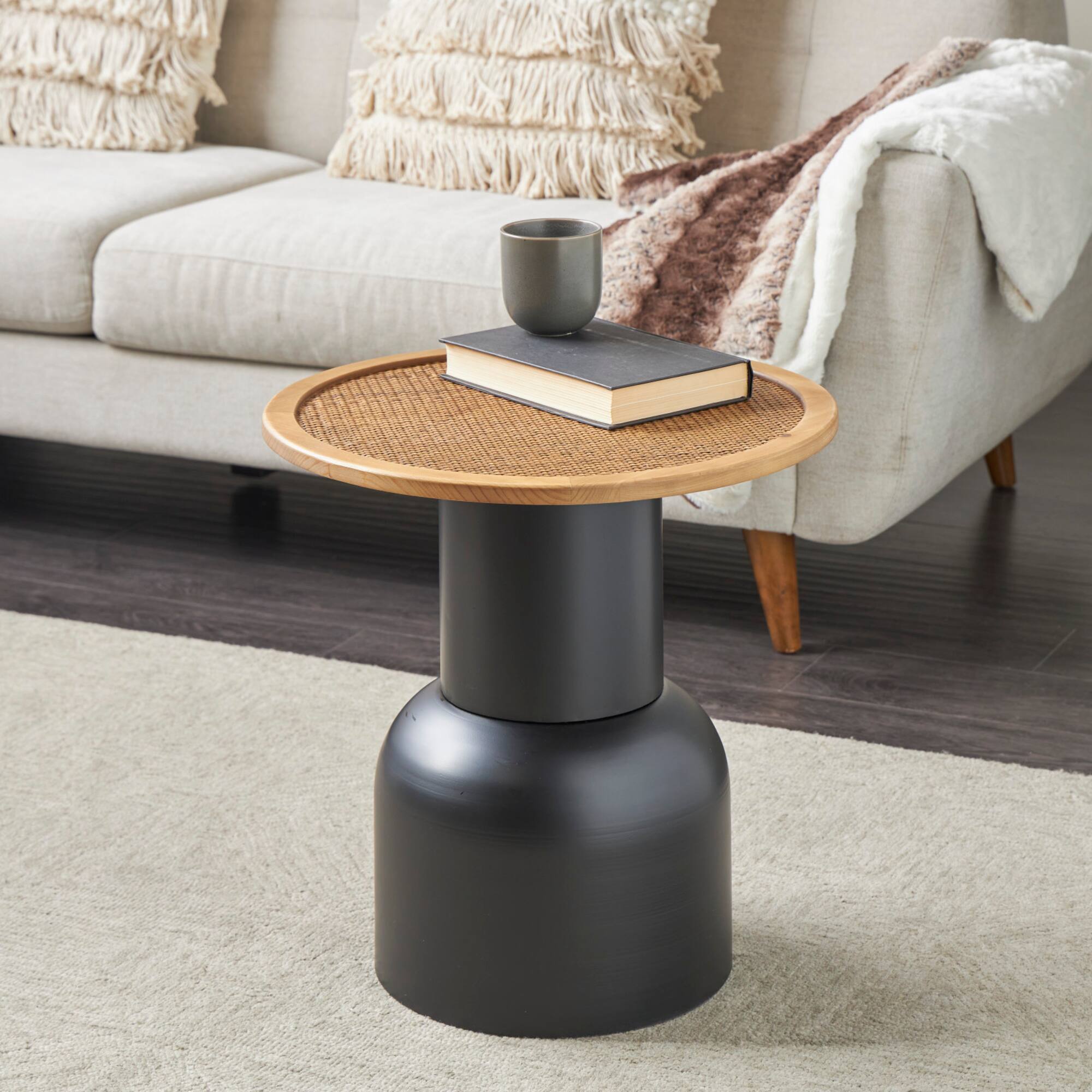 19.5" Black Metal & Rattan Accent Table